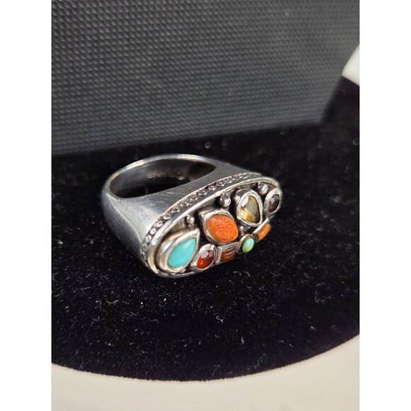 Vintage 925 Sterling Silver Ring With Multi-Stone Inlay 14 gr Barse Size 6 - Picture 3 of 11